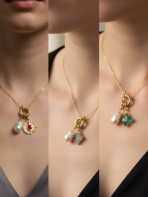 NKT Collection Zümrüt Yeşili Yıldız Siyah Yonca Ay Güneş Incili Kolye