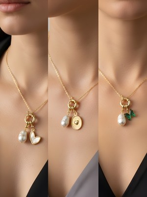 NKT Collection Zümrüt Yeşili Kelebek Kabartma Kalp Kaktüs Incili Kolye