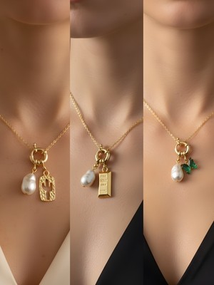 NKT Collection Zümrüt Yeşili Kelebek Kaktüs Kırmızı Yonca Incili Kolye