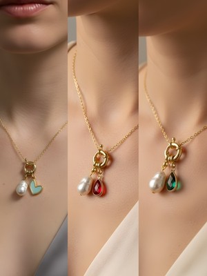 NKT Collection Kırmızı Damla Zümrüt Yeşili Damla Turkuaz Kalp Incili Kolye