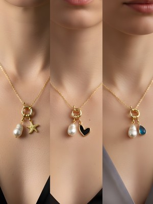 NKT Collection Turkuaz Damla Siyah Kalp Deniz Yıldızı Incili Kolye