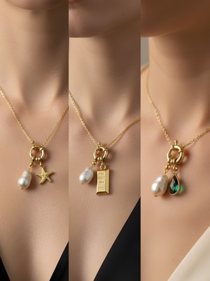 NKT Collection Zümrüt Yeşili Damla Külçe Altın Deniz Yıldızı Incili Kolye