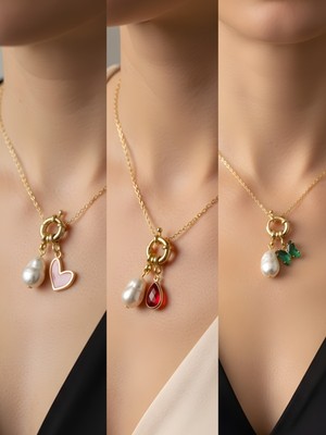 NKT Collection Kırmızı Damla Zümrüt Yeşili Kelebek Pembe Kalp Incili Kolye