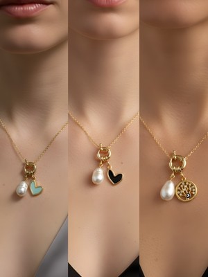 NKT Collection Hayat Ağacı Siyah Kalp Turkuaz Kalp Incili Kolye