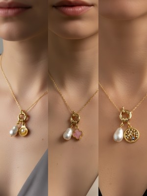 NKT Collection Hayat Ağacı Pembe Yonca Midye Incili Kolye