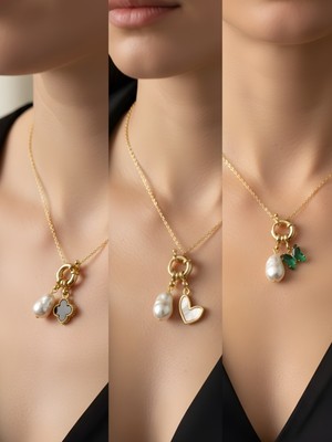 NKT Collection Zümrüt Yeşili Kelebek Beyaz Kalp Deniz Yıldızı Incili Kolye