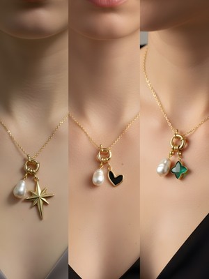 NKT Collection Zümrüt Yeşili Yıldız Siyah Kalp Kutup Yıldızı Incili Kolye