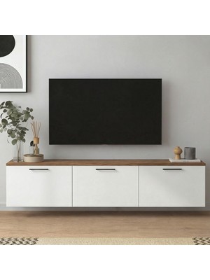 Duvar Tipi Tv Ünitesi, Çam-Beyaz Renk, Dekoratif 3 Kapak Bölmeli, Modern Tasarım (180 * 30 * 30 Cm)