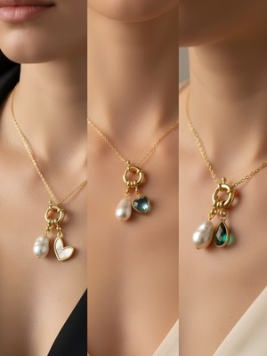 NKT Collection Turkuaz Kalp Zümrüt Yeşili Damla Siyah Kalp Incili Kolye