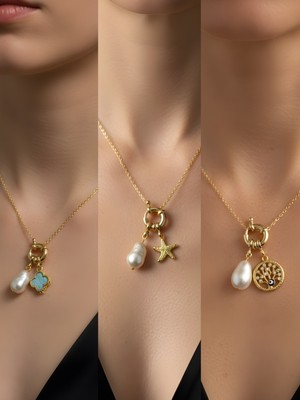 NKT Collection Hayat Ağacı Deniz Yıldızı Turkuaz Yonca Incili Kolye