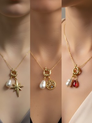 NKT Collection Kırmızı Damla Hayat Ağacı Kutup Yıldızı Incili Kolye