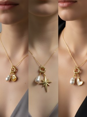 NKT Collection Beyaz Kalp Midye Kutup Yıldızı Incili Kolye