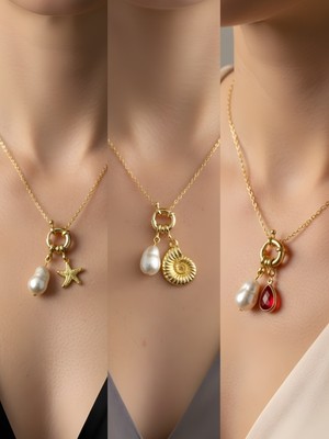 NKT Collection Kırmızı Damla Deniz Kabuğu Deniz Yıldızı Incili Kolye