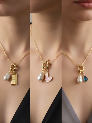 NKT Collection Turkuaz Damla Pembe Kalp Külçe Altın Incili Kolye