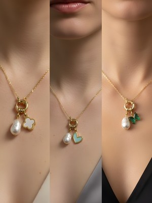 NKT Collection Zümrüt Yeşili Kelebek Turkuaz Kalp Beyaz Yonca Incili Kolye