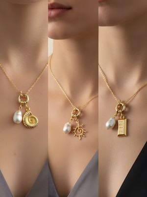 NKT Collection Güneş Deniz Kabuğu Külçe Altın Incili Kolye