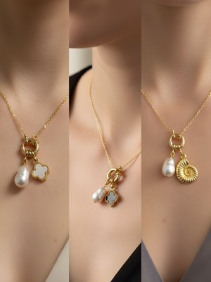 NKT Collection Deniz Kabuğu Deniz Yıldızı Turkuaz Yonca Incili Kolye