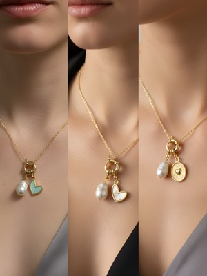 NKT Collection Kabartma Kalp Beyaz Kalp Turkuaz Kalp Incili Kolye