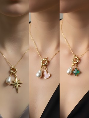 NKT Collection Zümrüt Yeşili Yıldız Pembe Kalp Kutup Yıldızı Incili Kolye