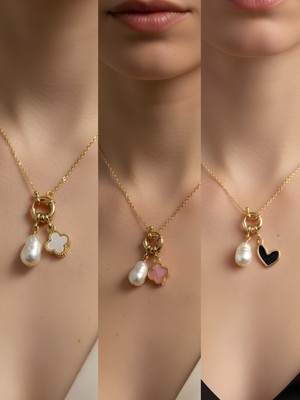 NKT Collection Siyah Kalp Pembe Yonca Beyaz Yonca Incili Kolye