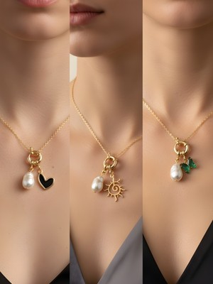 NKT Collection Zümrüt Yeşili Kelebek Güneş Beyaz Kalp Incili Kolye