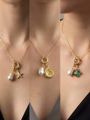 NKT Collection Zümrüt Yeşili Yıldız Deniz Kabuğu Deniz Yıldızı Incili Kolye