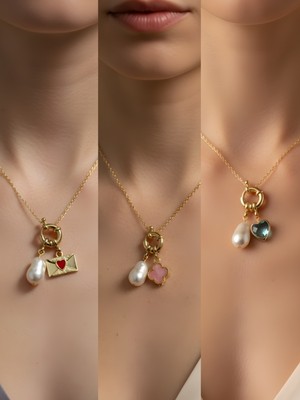 NKT Collection Turkuaz Kalp Pembe Yonca Kalpli Zarf Incili Kolye