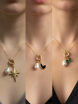 NKT Collection Zümrüt Yeşili Kelebek Siyah Kalp Kalpli Zarf Incili Kolye