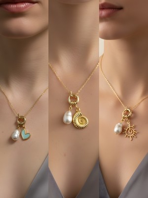 NKT Collection Güneş Deniz Kabuğu Turkuaz Kalp Incili Kolye