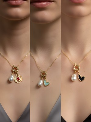 NKT Collection Siyah Kalp Ay Güneş Turkuaz Kalp Incili Kolye