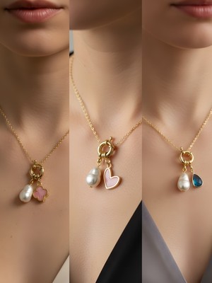 NKT Collection Turkuaz Damla Pembe Kalp Pembe Yonca Incili Kolye