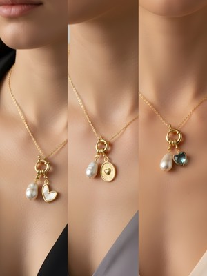 NKT Collection Turkuaz Kalp Kabartma Kalp Beyaz Kalp Incili Kolye