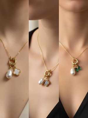 NKT Collection Zümrüt Yeşili Kelebek Siyah Yonca Beyaz Yonca Incili Kolye