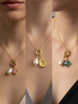 NKT Collection Zümrüt Yeşili Yıldız Deniz Kabuğu Pembe Yonca Incili Kolye