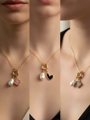 NKT Collection Siyah Kalp Siyah Yonca Pembe Yonca Incili Kolye