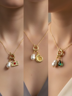 NKT Collection Zümrüt Yeşili Damla Deniz Kabuğu Kalpli Zarf Incili Kolye