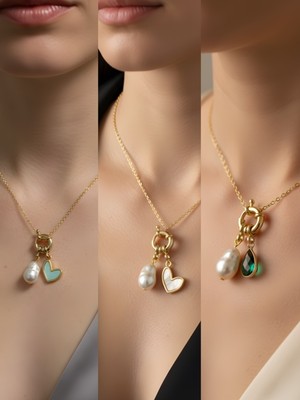 NKT Collection Zümrüt Yeşili Damla Beyaz Kalp Turkuaz Kalp Incili Kolye