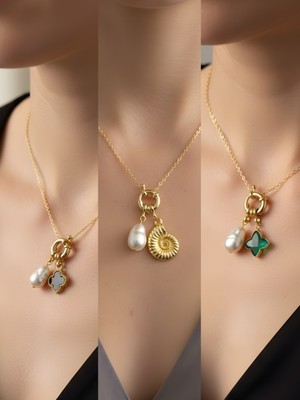 NKT Collection Zümrüt Yeşili Yıldız Deniz Kabuğu Siyah Yonca Incili Kolye