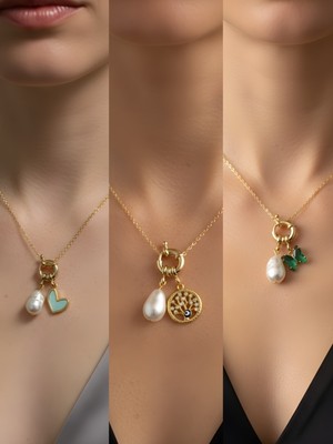 NKT Collection Zümrüt Yeşili Kelebek Hayat Ağacı Kupa As Incili Kolye