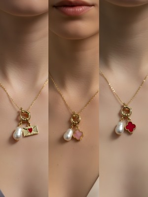 NKT Collection Kırmızı Yonca Pembe Yonca Ay Güneş Incili Kolye