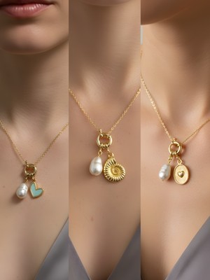 NKT Collection Kabartma Kalp Deniz Kabuğu Turkuaz Kalp Incili Kolye