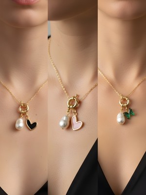 NKT Collection Zümrüt Yeşili Kelebek Pembe Kalp Beyaz Kalp Incili Kolye