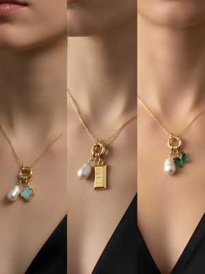 NKT Collection Zümrüt Yeşili Kelebek Külçe Altın Pembe Yonca Incili Kolye