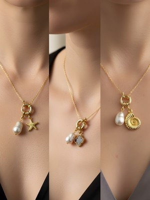 NKT Collection Deniz Kabuğu Siyah Yonca Turkuaz Yonca Incili Kolye