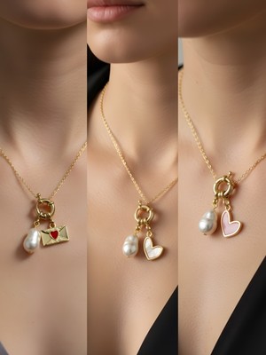 NKT Collection Pembe Kalp Beyaz Kalp Ay Güneş Incili Kolye