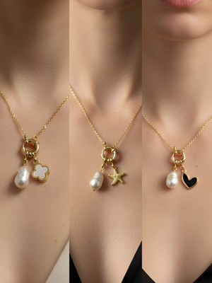 NKT Collection Siyah Kalp Deniz Yıldızı Beyaz Yonca Incili Kolye