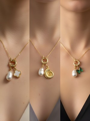 NKT Collection Zümrüt Yeşili Kelebek Siyah Kalp Beyaz Kalp Incili Kolye