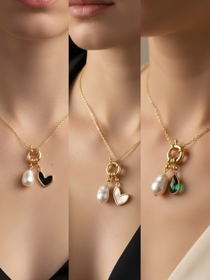 NKT Collection Zümrüt Yeşili Damla Siyah Kalp Beyaz Kalp Incili Kolye