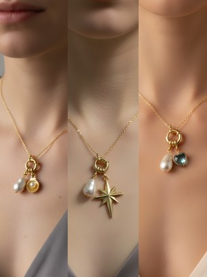 NKT Collection Turkuaz Kalp Midye Kutup Yıldızı Incili Kolye