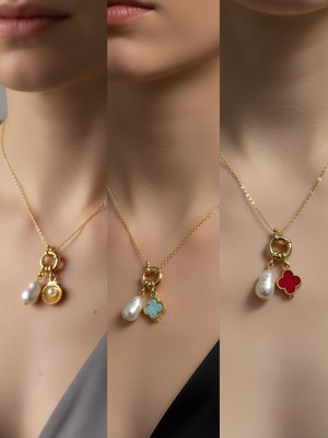 NKT Collection Kırmızı Yonca Turkuaz Yonca Kutup Yıldızı Incili Kolye